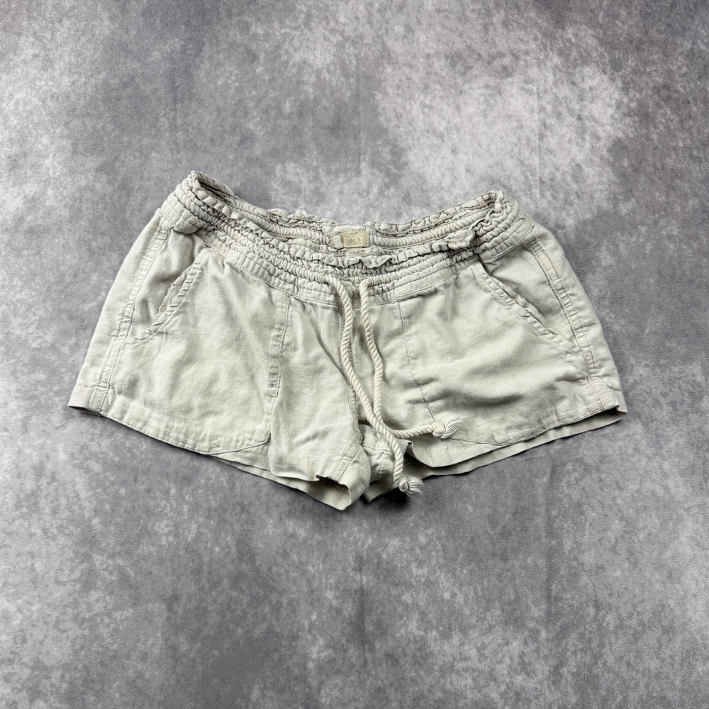 Roxy Womens Oceanside Linen Blend Smocked Waist Beach Shorts Beige Medium